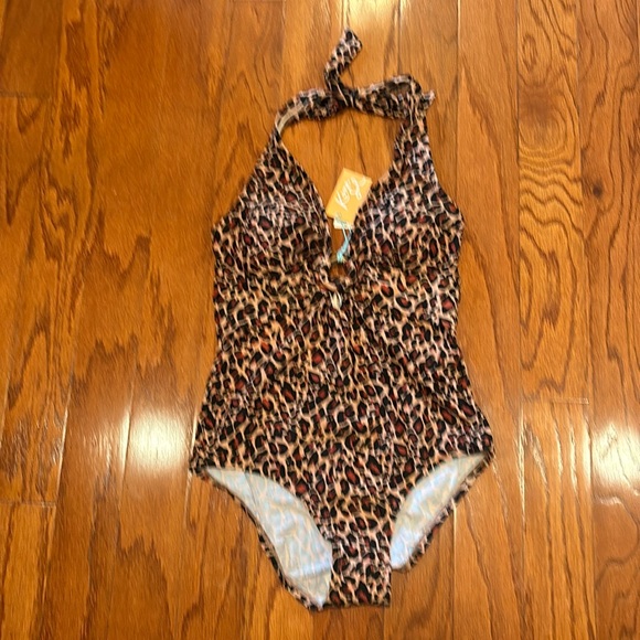 Kona Sol Other - Fun leopard print one piece swimsuit by Kona Sol. Tie neck & gold ring at front.